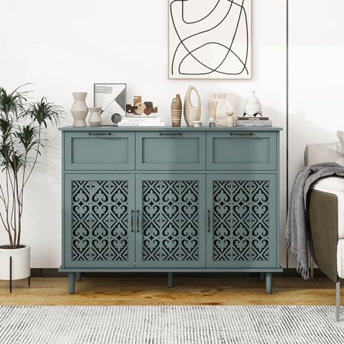 vistavie Green 3 Doors 3 Drawers Buffet Sideboard Cabinet - Accent Cabinet with Adjustable Shelves，47 Inch Wide Wood Storage Cabinets for Dining Room，Bathroom and Kitchen - color: Green 3door, size: 47.24"W x 15.75"D x 35.55"H