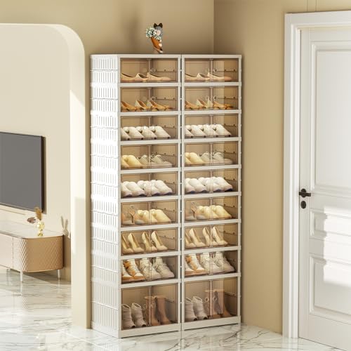SYNCVIBE Collapsible Shoe Rack Organizer, 9 Tiers, 36 Pairs, 34.2" Wide | Foldable Shoe Storage with Doors, Plastic Shoe Cabinet with Wheels, Easy Assembly Shoe Shelves for Entryway and Living Room - size: 9 Tiers -36 Pairs White