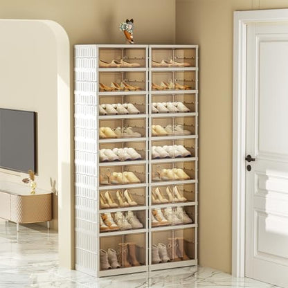SYNCVIBE Collapsible Shoe Rack Organizer, 9 Tiers, 36 Pairs, 34.2" Wide | Foldable Shoe Storage with Doors, Plastic Shoe Cabinet with Wheels, Easy Assembly Shoe Shelves for Entryway and Living Room - size: 9 Tiers -36 Pairs White