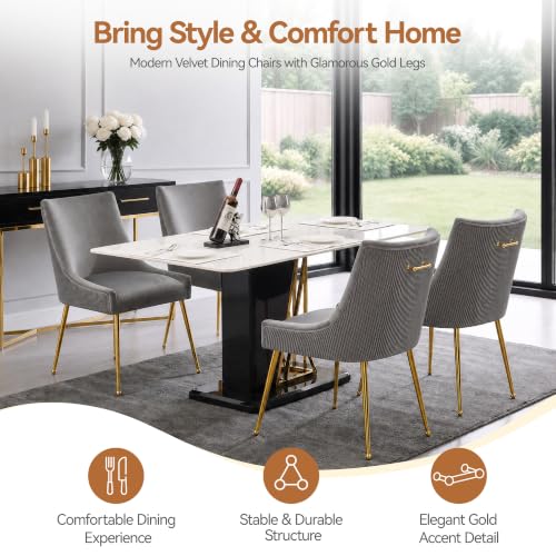WUTUTUEE Velvet Dining Chairs Set of 6 Gold Legs,Upholstered Velvet Accent Chairs, Pleated Back Design & Gold Pull Handle, Mid Century Modern Chairs for Dining/Kitchen/Living Room,Light Grey - color: Light Grey, size: Set of 6