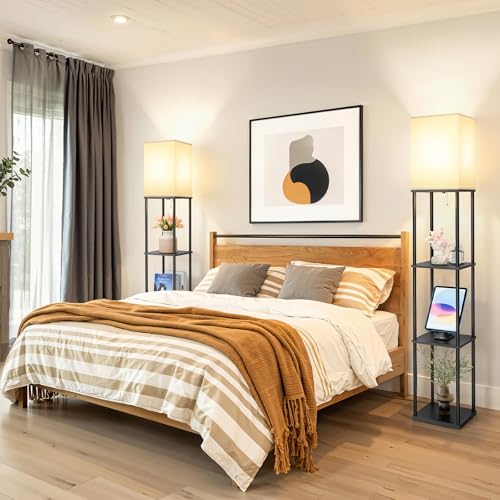 Coucrek 2-Pack Floor Lamp with Shelves, 3-Tier Standing Shelf Lamp | 3CCT 950LM Bright Bulb Included, Storage Bookshelf Tall Lamps for Living Room Bedroom Office - color: Black