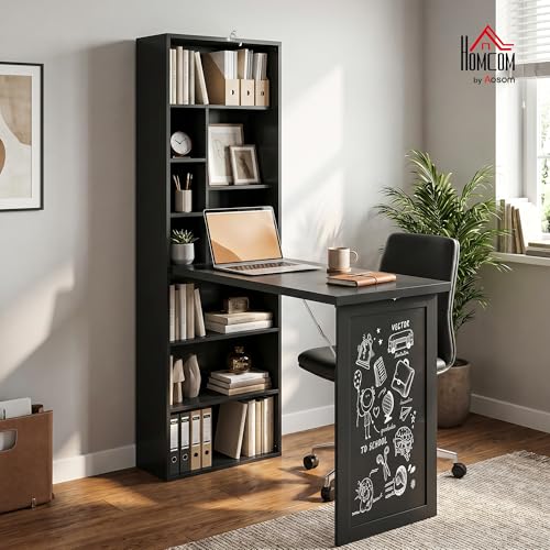 HOMCOM Foldable Convertible Writing Table Computer Desk, Black | Wall Mounted, Space-Saving, Chalkboard, Storage Shelves, for Small Spaces, Home Office, Bedroom, Dorm, Apartment - color: Black