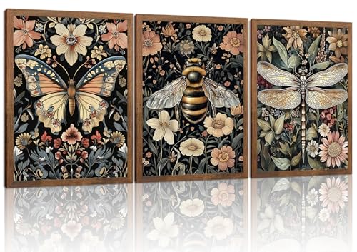 Retro Insect Wall Art Set of 3, Butterfly Bee Dragonfly Gothic Botanical Prints, Rustic Nature Animal Canvas Wall Decor for Living Room Bedroom Office Farmhouse Home Decor 12x16In Wood Framed - color: Colorful insects, size: 16L" x 12W"