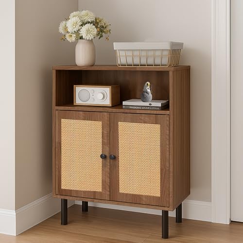 Rattan Storage Cabinet, Boho Accent Cabinet with Double Doors | Small Freestanding Sideboard for Hallway, Laundry Room,Kitchen, Dining Room, Entryway (Walnut) - color: Walnut