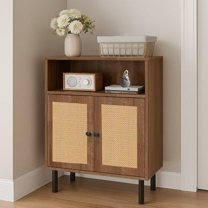 Rattan Storage Cabinet, Boho Accent Cabinet with Double Doors | Small Freestanding Sideboard for Hallway, Laundry Room,Kitchen, Dining Room, Entryway (Walnut) - color: Walnut