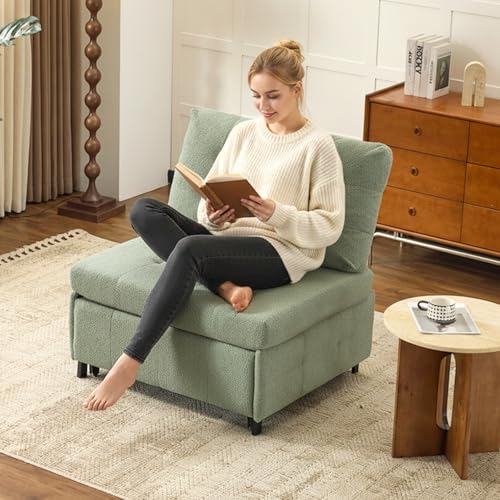 VINGLI Convertible Sofa Bed Tufted Teddy Fleece Sleeper Chair Bed Couch Armless Living Room Chairs with Adjustable Backrest Pull Out Couch Bed for Small Spaces - color: Light Green