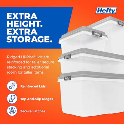 Hefty 113 Qt Hi-Rise Storage Bin with Lid, Stackable Plastic Storage Container, Organizer for Home, Garage & Closet, 4 Pack, Gray - size: 113 QT - 4 Pack