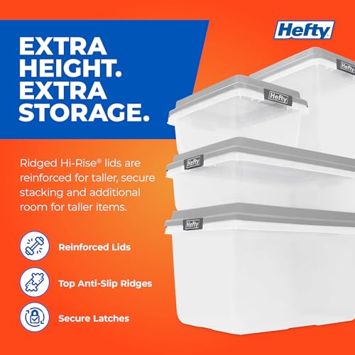 Hefty 113 Qt Hi-Rise Storage Bin with Lid, Stackable Plastic Storage Container, Organizer for Home, Garage & Closet, 4 Pack, Gray - size: 113 QT - 4 Pack