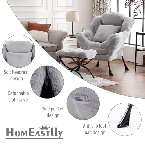 Lazy Chair with Ottoman, Plush Reading Chair with Pillow，Gray | Removable machine-washable cover; includes an extra throw pillow; cozy accent chair for living room, bedroom, dorm or office - color: Plush White Grey-1