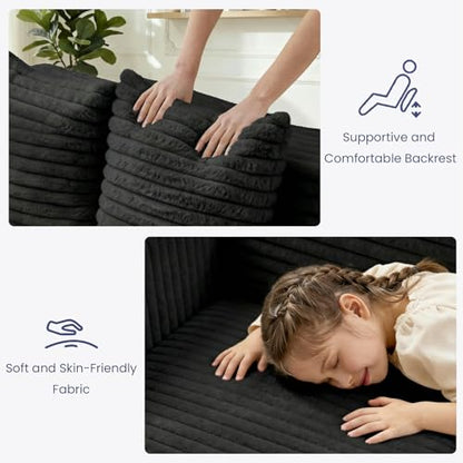 3-in-1 Convertible Sofa Bed: Boneless Loveseat Sleeper & Folding Couch Bed with 4 Pillows & Detachable Cushion,Furry Futon Couch for Bedroom,Apartment,Office and Living Room, No Assembly,Black - color: D-black, size: Loveseat Sofa