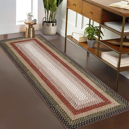 Washable 2x10 Long Hallway Runner Rugs Braided Print Rug Non Slip | Farmhouse Kitchen Carpet Low Pile Rustic Accent Area Rugs for Living Room Bedroom Bathroom, Crimson/Earthy - color: Crimson/Earthy, size: 2' x 10' (Runner)