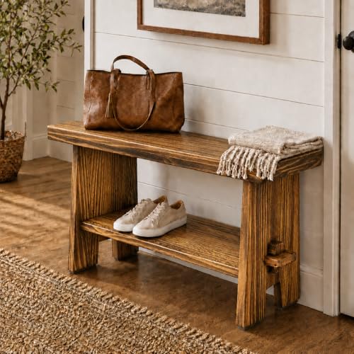 31.5" Solid Wood Entryway Bench, Farmhouse Rustic Storage Bench for Small Spaces, Narrow Indoor Bench Seat for Hallway, Living Room, Dining Room & Mudroom, Mortise-and-Tenon Base, Rustic Brown