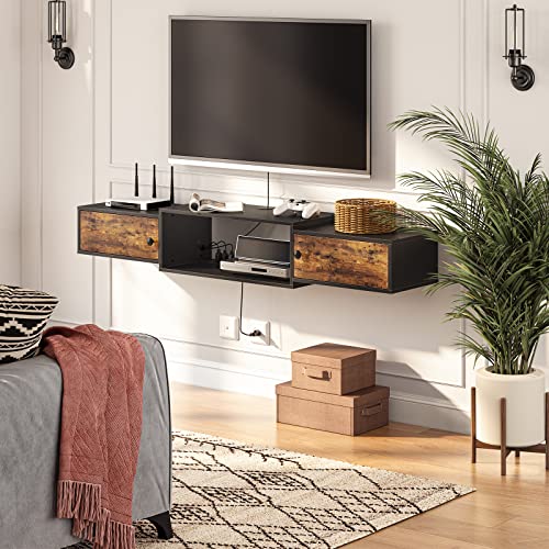 HOOBRO 55" Floating TV Stand with Power Outlet, Modern Wall Mounted Media Console Shelf Cabinet for Under TV Storage, Entertainment Center, Living Room, Bedroom, Rustic Brown and Black BF11DS01 - color: Rustic Brown + Black
