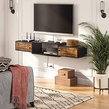 HOOBRO 55" Floating TV Stand with Power Outlet, Modern Wall Mounted Media Console Shelf Cabinet for Under TV Storage, Entertainment Center, Living Room, Bedroom, Rustic Brown and Black BF11DS01 - color: Rustic Brown + Black