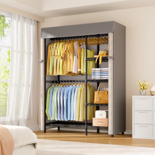 F2C Clothes Rack with Cover, Brand Custom Dustproof Pattern Cover | Heavy-Duty Clothing System with Cover, Garment Rack with Shelves and Hanger Rods, 47.2"W x 16.5"D x 78.3"H, Holds 630 lbs - color: Black Closet with Pattern Cover