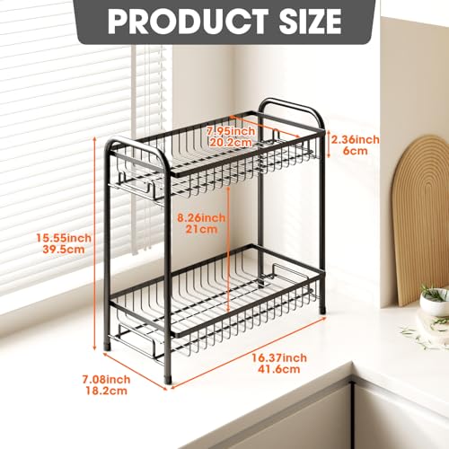 Spice Rack for Countertop, 2-Tier Standing Sturdy Metal Seasoning Organizer Holder, Space Saving Spice Shlef for Kitchen, Cabinet, Pantry Storage, Easy Assembly, Black