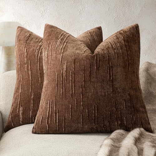 Foindtower Pack of 2 Slubby Textured Chenille Throw Decorative Pillow Covers Square Accent Solid Cushion Cover Cozy Neutral Farmhouse PillowCase for Couch Sofa Bedroom Living Room 20x20 Inch,Red Brown - color: Beaver Fur, size: 20" x 20" (Pack of 2)
