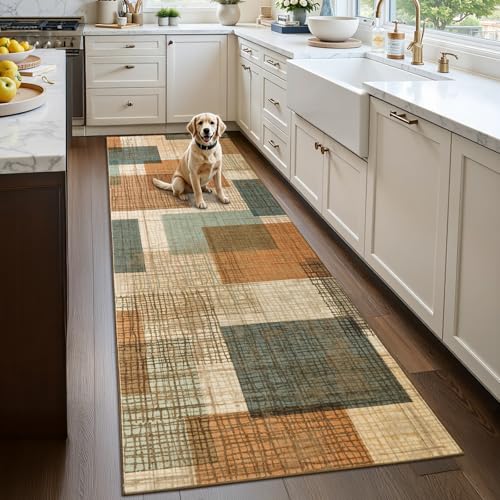 Washable 2x8 Runner Rug for Hallway Kitchen Bedroom, Orange/Blue | Non Slip, Low-Pile, Soft Stain Resistant, Modern Geometric Patchwork Grid Print Long Runner with Rubber Backing - color: Orange/Blue Multi, size: 2' x 8' (Runner)