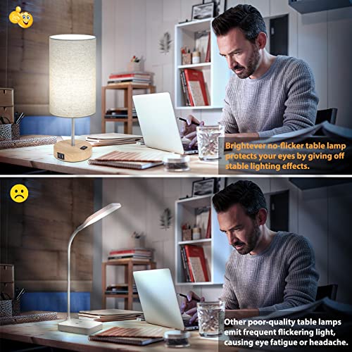 Bedside Table Lamps with 2 USB Charging Ports & AC Outlet, Set of 2 Touch Control Wooden Base Nightstand 3-Way Dimmable Lamps with Beige Fabric Shade for Bedroom, Living Room, A19 E26 Bulbs included - color: Cream