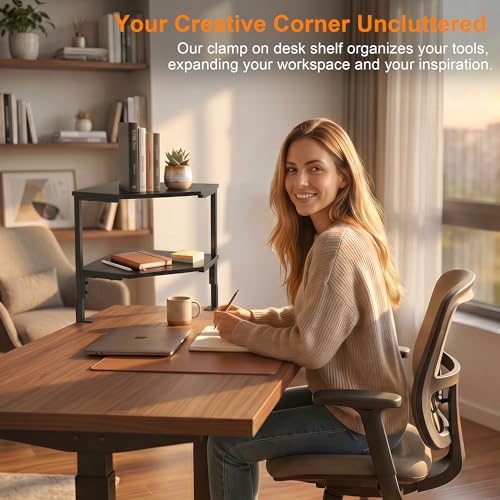 2-Tier Clamp on Desk Shelf Adjustable Desktop Storage Desk Rack | Wood Clamp on Desk Organizer Shelf, Floating Corner Shelf for Desk Accessories and Gaming Devices
