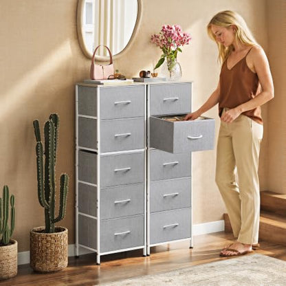 WLIVE Tall Dresser for Bedroom, 5 Drawer Dresser, Light Grey | 5 vertical fabric drawers, Tall vertical design, Bedroom or closet use, Dresser for small spaces, Chest of drawers - color: Light Grey