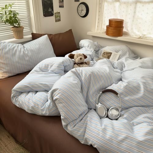 mixinni Vintage Striped Twin Duvet Cover Set, Washed Microfiber Coastal Bedding, Light Blue Brown Vertical Stripe Comforter Cover with Zipper & Corner Ties, (1 Duvet Cover + 2 Pillowcases) - color: 04 - Light Blue/Brown Striped, size: Twin(68" x 86")