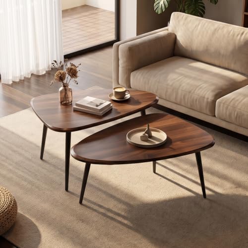 Nesting Coffee Table Set,Mid Century Modern Coffee Nesting Table | Solid Wood Triangle Oval Center Table for Small Living Room Apartment Balcony, Walnut