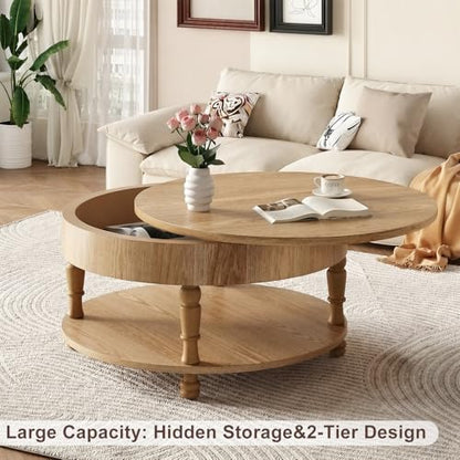 Round Flip Top Solid Wood Coffee Table with Space-Saving Hidden Storage | 31.5"Mid Century Modern End Table Bedroom, Adjustable Silent Footpads,Sturdy Holds up to 100 lbs,Classic 2-Tier Design - color: Nature Wood