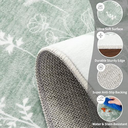 GarveeHome Washable 8x10 Area Rugs for Living Room Scalloped Floral Bedroom Rug, Non-Slip Stain Resistant Dining Table Carpet, Botanical Large Rug Neutral Carpet for Farmhouse Dorm Home Office, Green