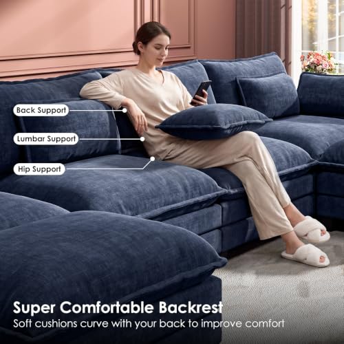 Marsail Modular Sectional Sofa 145.6" U-Shaped Modern Comfy Cloud Couch, 6-Seat Chenille Deep Seat Sofa with Throw Pillow & Movable Ottoman for Living Room, Bedroom and Apartment, Blue - color: Blue, size: 145.6" - U Shape
