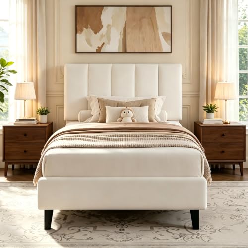 Garvee Twin Size Bed Frame with Upholstered Headboard for Kids, White | Fully Velvet Upholstered Mattress Foundation with Height Adjustable Headboard, No Box Spring Needed, Easy Assembly - color: White, size: Twin