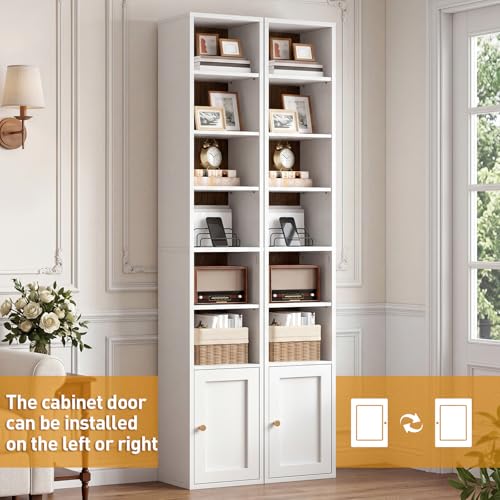 7-Tier Tall Narrow Bookshelf with Door, 70.9 Inches CD DVD Slim Media Tower Rack with Storage Cabinet, Adjustable Shelves, Skinny Bookshelf Display Bookcase for Home Office, White and Walnut - color: White + Walnut