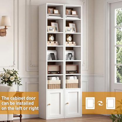 7-Tier Tall Narrow Bookshelf with Door, 70.9 Inches CD DVD Slim Media Tower Rack with Storage Cabinet, Adjustable Shelves, Skinny Bookshelf Display Bookcase for Home Office, White and Walnut - color: White + Walnut