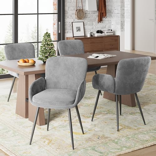 VKNOW Modern Upholstered Dining Chairs Set of 4 with Armrest, Grey | Armed Dining Room Chairs with Metal Legs, Kitchen Chairs for Restaurant Kitchen Living Room - color: Grey, size: Set of 4