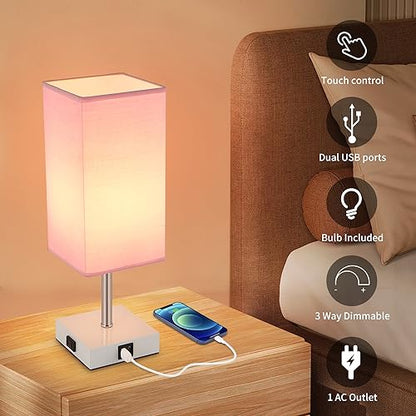 Touch Control Bedside Lamp - 3-Way Dimmable Table Lamps with USB C+A Port and Outlet, Nightstand Lamp for Bedroom Decor and Living Room,Pink