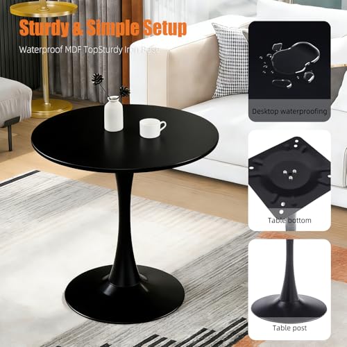 botzi 31.5 Inch Round Dining Table, Black Tulip Kitchen Table with MDF Top | Iron Matte Pedestal Base, Smooth Rounded Edges, Easy-Clean Coated Surface, For Kitchens And Small Spaces - color: Black, size: 31.5 Inches