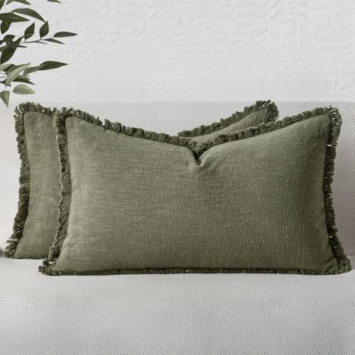 MIULEE Boho Linen Decorative Lumbar Throw Pillow Covers Olive Green 12x20 | Set of 2, Cottagecore Decor, Boho Farmhouse Neutral Pillow Covers, Rustic Fringe Couch Cushions for Sofa Bed Living Room - color: Olive Green, size: 20" x 12" (Pack of 2)