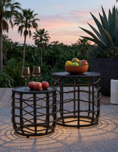 Boho Solar Outdoor Side Table with Built-in Lights Set of 2, All-Weather Wicker Nesting Tables, Round Waterproof Accent End Table Design for Patio, Porch, Garden & Balcony, Black - color: Black