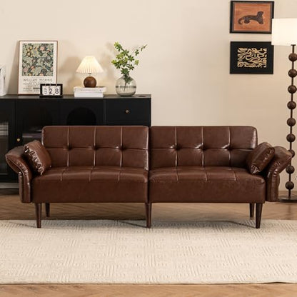HALLYBEE 85" Futon Faux Leather Couch with Adjustable Armrests Red Brown | Futon Sofa Bed, Sleeper Sofa, Small Couch with Pillows, Side Pockets, Mid Century Modern, Living Room, Bedroom, Apartment - color: Red Brown