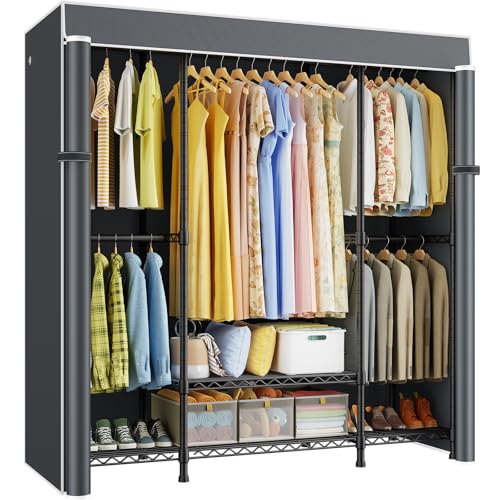 E3C Black Clothes Rack with Gray Cover, Heavy Duty Garment Rack | Freestanding Metal Closet System Storage Organizer for Clothing, Clothing Rack Holds up to 850 lbs, 59.5"W x 16.5"D x 77.4"H - color: Black Rack with Gray Cover