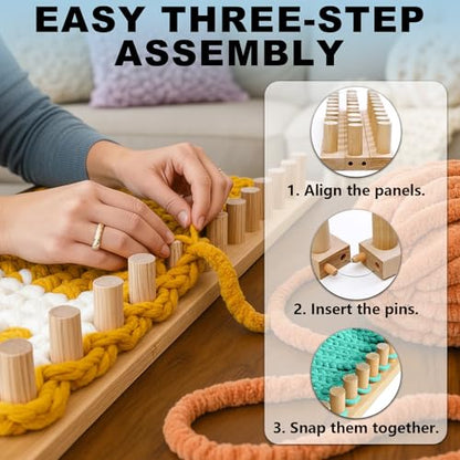 KUNAL 46" Chunky Blanket Loom,Wooden Loom for DIY Throw Blankets | Adjustable Size Hand Chunky Knitting Loom, Beginner Friendly Yarn Craft