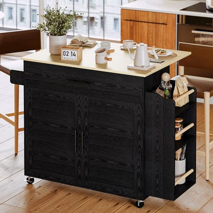 IRONCK Kitchen Island with Storage, Charging Station and Drop Leaf, Black | Wheels, Drawers, Open Shelves, Drawer Storage, Everyday Home Use - color: Black