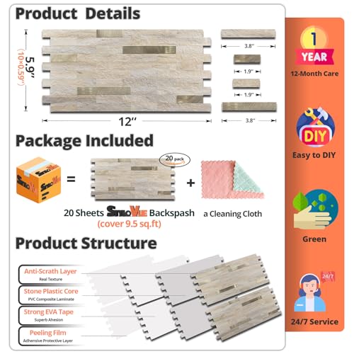 StyloVue 20 Sheets Kitchen Peel and Stick Backsplash Tiles, Beige with Metal Gold Look Stick on Backsplash for Kitchen, RV, Fireplace - color: Beige With Metal Gold