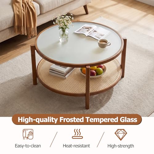Giantex Rattan Coffee Table, 35" Farmhouse Glass Center Table with Storage, Frosted Tempered Glass Top & Solid Wood Leg, Small Accent Tea Table, Round Coffee Table for Living Room, Small Space, Walnut - color: Walnut