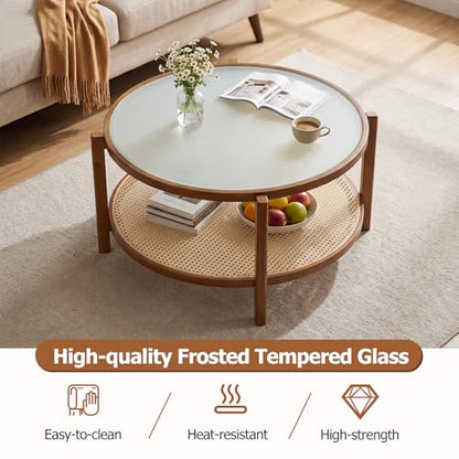 Giantex Rattan Coffee Table, 35" Farmhouse Glass Center Table with Storage, Frosted Tempered Glass Top & Solid Wood Leg, Small Accent Tea Table, Round Coffee Table for Living Room, Small Space, Walnut - color: Walnut