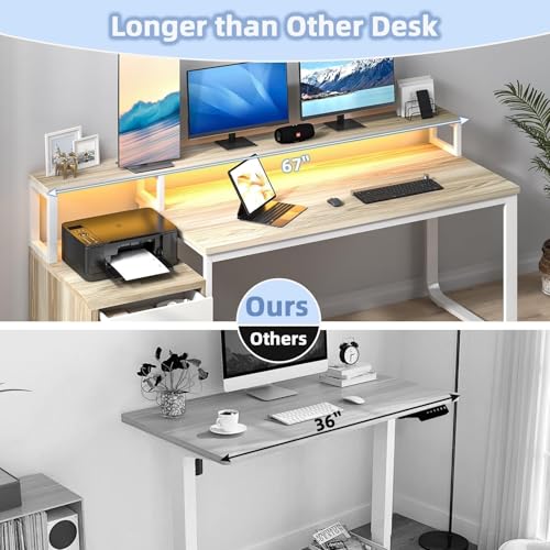 MaverickFurni 67" Home Office Desk with 3 Drawers and LED Lights, Walnut | Reversible Computer Desk with Monitor Stand and Printer Shelf, Office Desk with Spacious Work Space, White and Walnut - color: White and Walnut