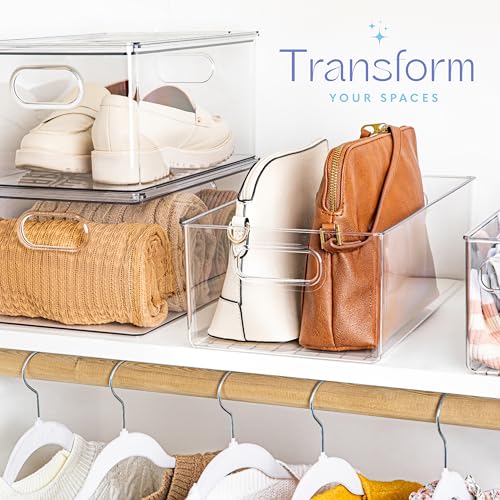 Plastic Food Storage 4 Pack Clear Container Bin with Handles for Organizing Kitchen, Pantry, Refrigerator, Freezer, Pantry, Cabinet, Closet, Bathroom. 16”x8”x5” - size: 16x8x5