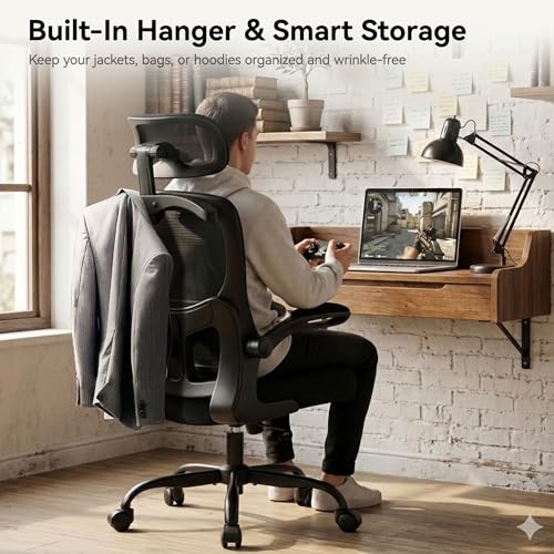 Office Chair-Ergonomic Desk Chair with Hidden Hanger & Flip-Up Arms, High Back Mesh Computer Chair with 2D Headrest & Adjustable Lumbar, Comfy Rolling Task Chair for Home Work Gaming, Black - color: Black