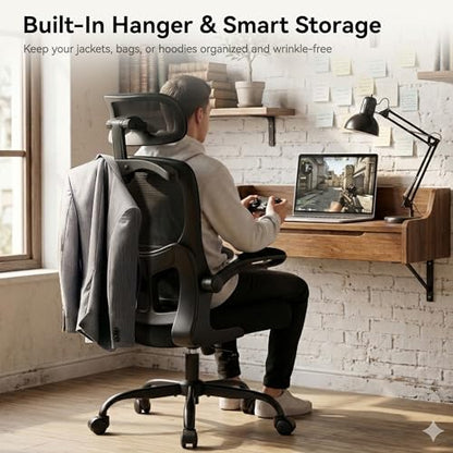 Office Chair-Ergonomic Desk Chair with Hidden Hanger & Flip-Up Arms, High Back Mesh Computer Chair with 2D Headrest & Adjustable Lumbar, Comfy Rolling Task Chair for Home Work Gaming, Black - color: Black