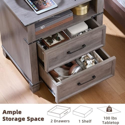 Farmhouse Night Stand with Charging Station, Grey | 2 Drawers End Tables Bedroom, Bedside Table with Metal Handles & Solid Wood Foot & Open Shelf - color: Grey